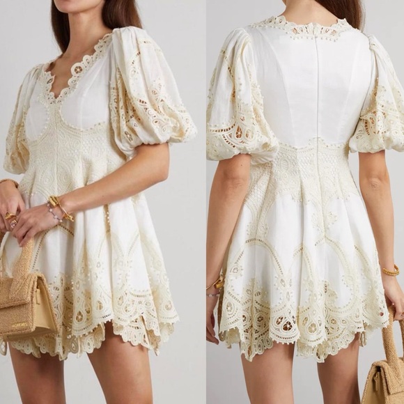 ZIMMERMANN Tiggy Embroidered Linen Puff Sleeve Mini Dress - Picture 3 of 12